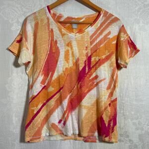 Chicos 100% Linen T Shirt 0 Small Orange Cream Abstract